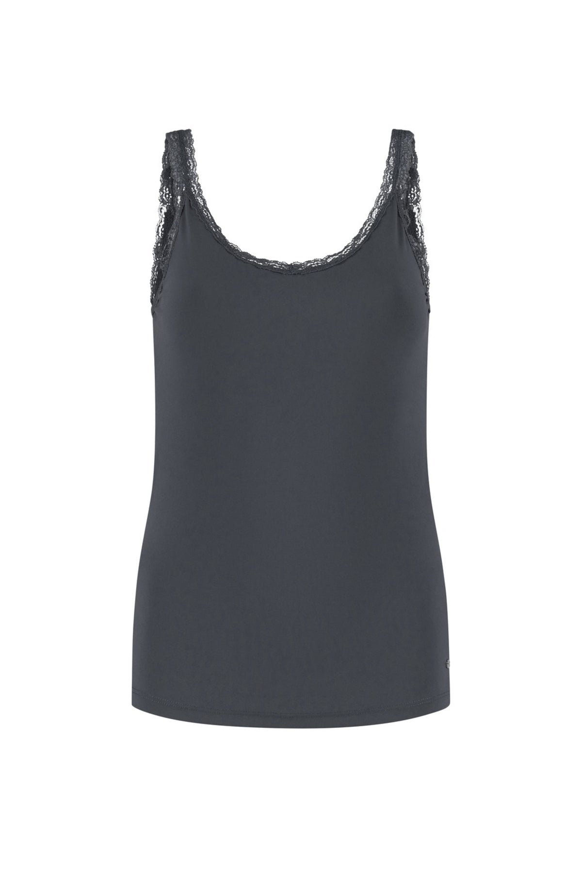 Lichte travel top van Lady Day met kanten details in smokey grijs, geschikt voor casual en reizen.