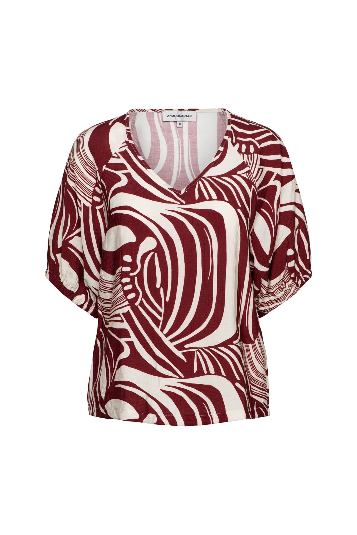 &Co woman Top Amelie Weave Claret Multi, kleurrijke geweven top met v-hals en lange mouwen, stijlvolle vrouwenmode.