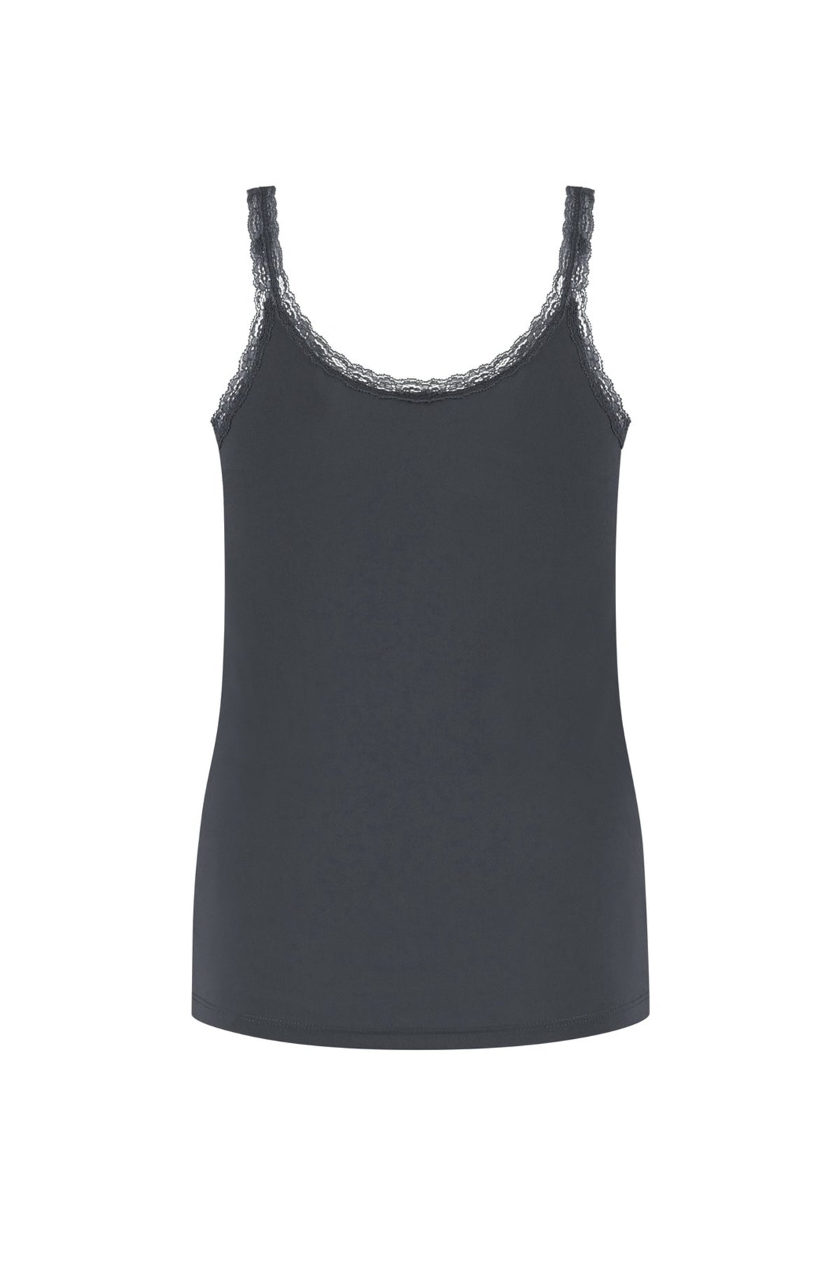 Lichte travel top van Lady Day met kanten details in smokey kleur, comfortabel en stijlvol voor reisgebruik.