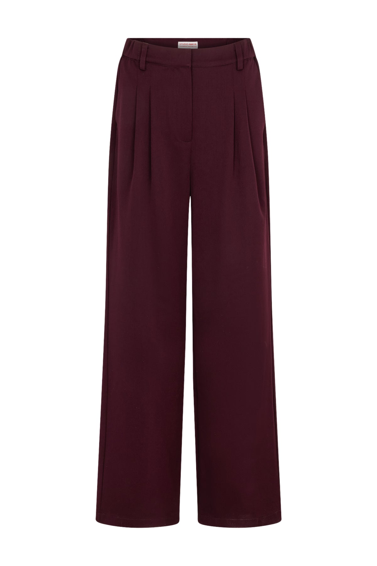 Bruine broek Jackie van Studio Amaya met rechte snit en comfortabele pasvorm, zichtbaar met tailleband en zakken.