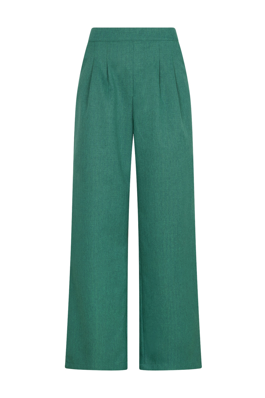 Groene Jasmin broek van Studio Amaya, getailleerd met elastische tailleband, zichtbaar in de afbeelding.