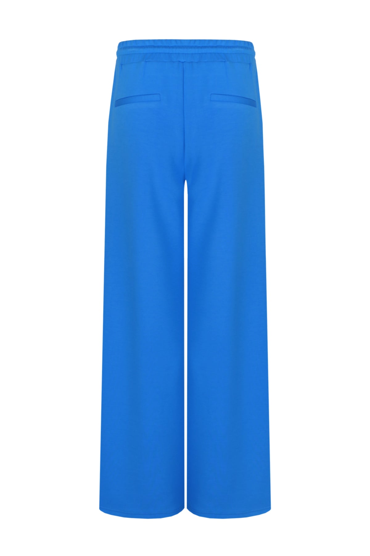 G-maxx Paola broek in celestial blue, comfortabele damesbroek met rechte pasvorm en elastische tailleband, close-up van de stof en details.