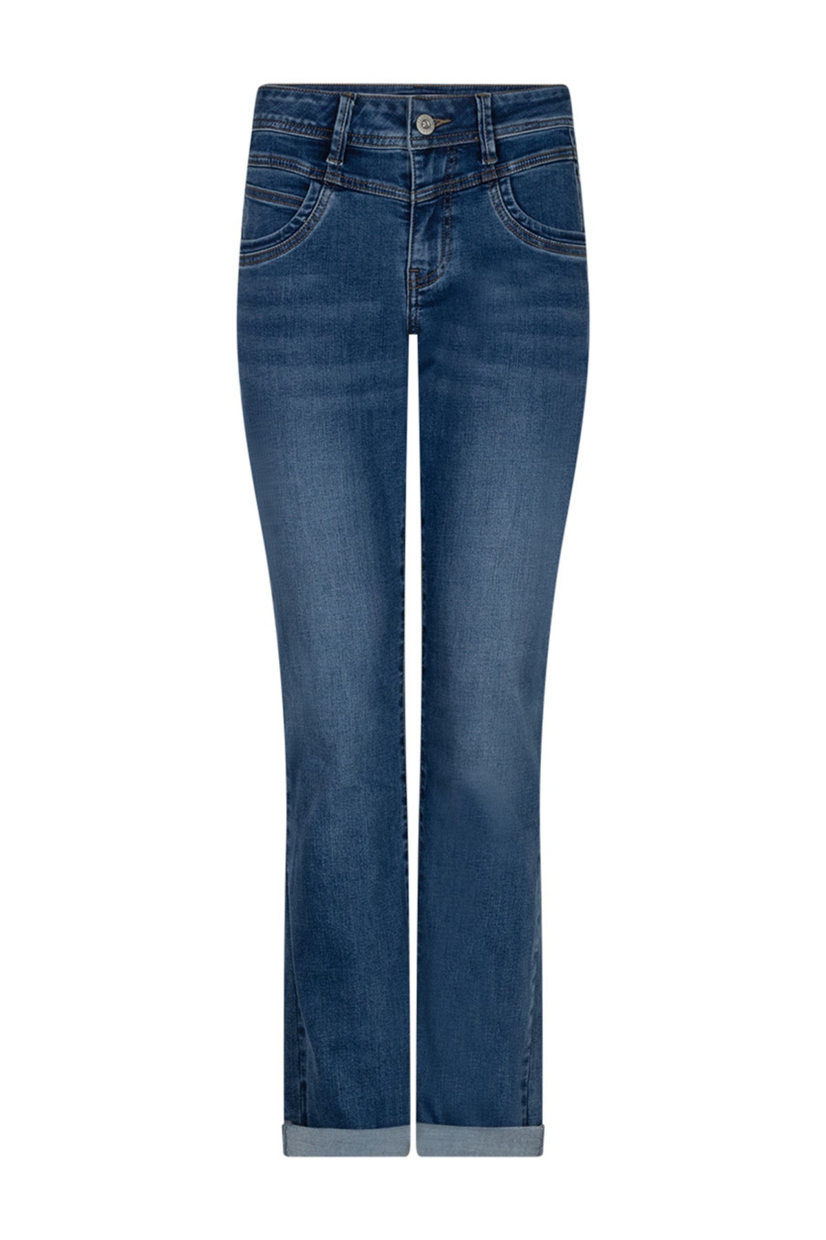 Donkerblauwe relax jeans van Red Button, denim stof, donkere stone wash, maat L31, casual pasvorm, gedragen op model