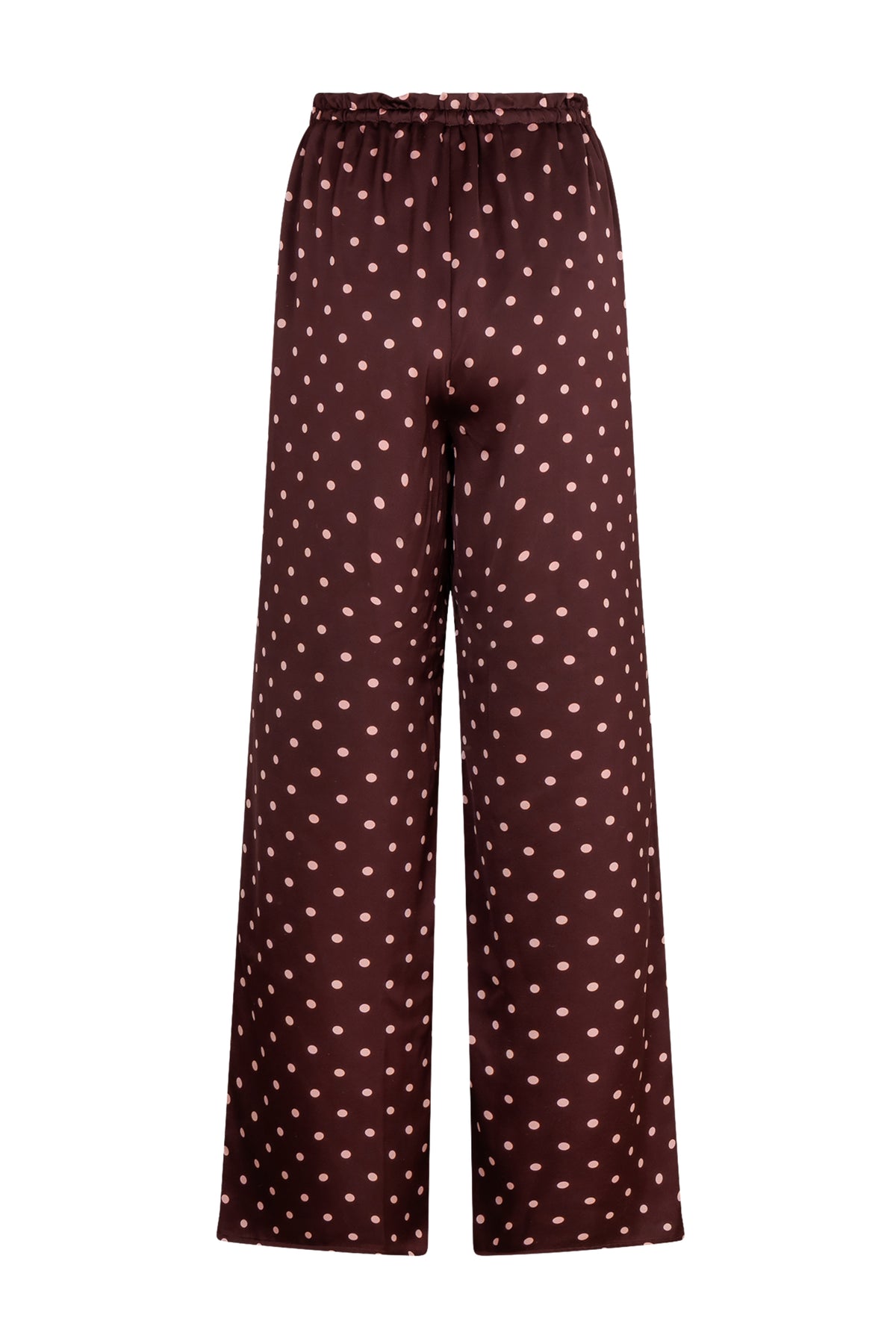 Broek Avenna Bordeaux van Studio Amaya, close-up van de donkerrode wijde broek met elastische taille en comfortabele pasvorm.
