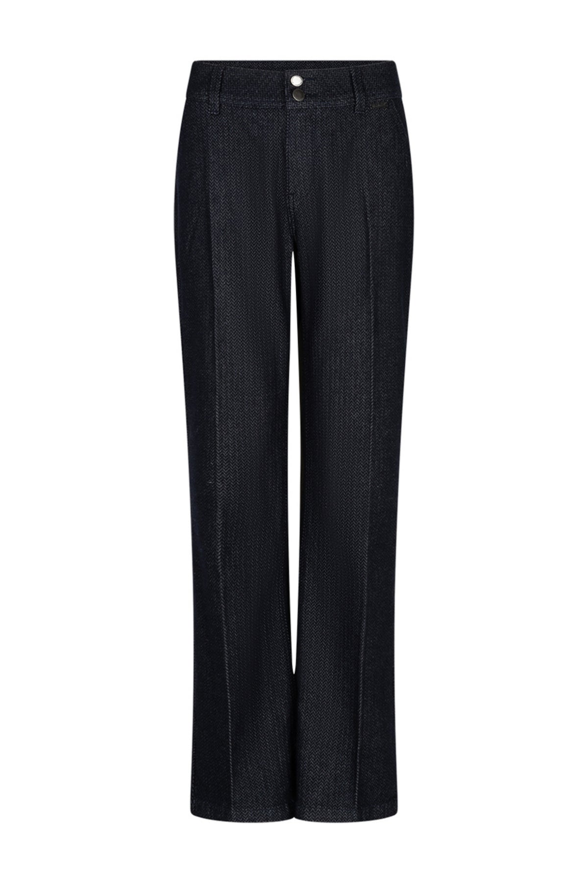 Donkerblauwe Bibette broek van Red Button met herringbone patroon, casual pasvorm en ritssluiting, zichtbaar in de afbeelding.