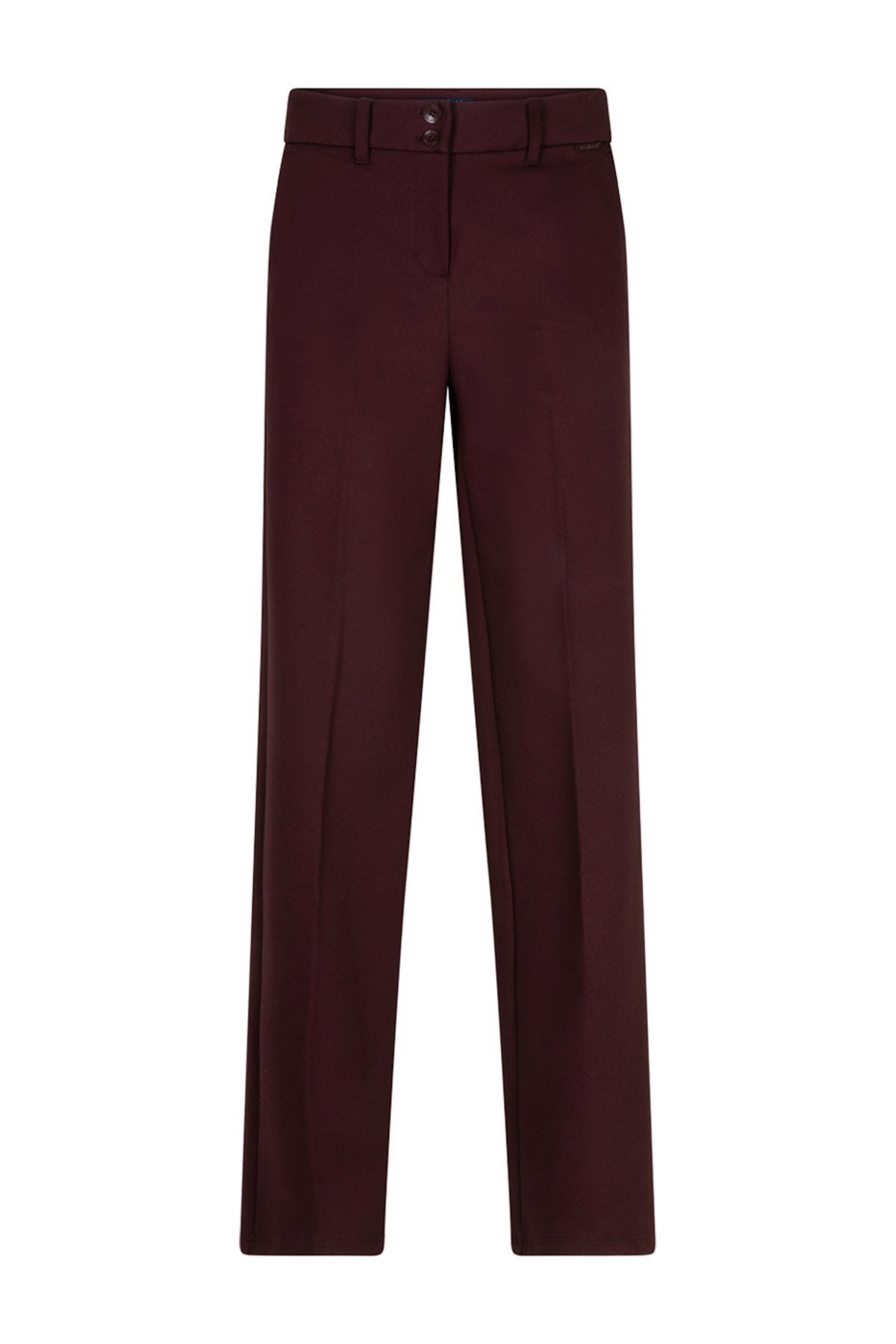 Lichtrode rode broek Colette Punta Burgundy van Red Button, met elastische taille en rechte pasvorm, op een witte achtergrond.