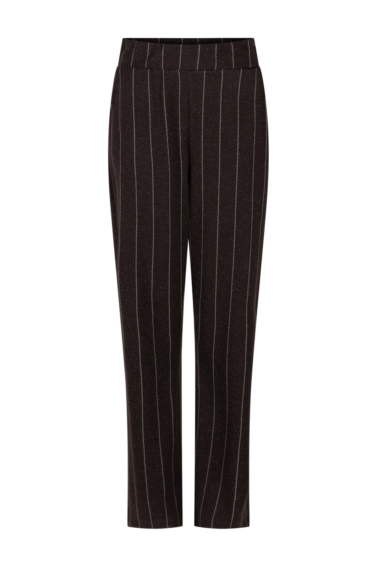 Zoso Nadine Espresso broek in donkerbruin met rechte snit en tailleband, zichtbaar op de afbeelding.