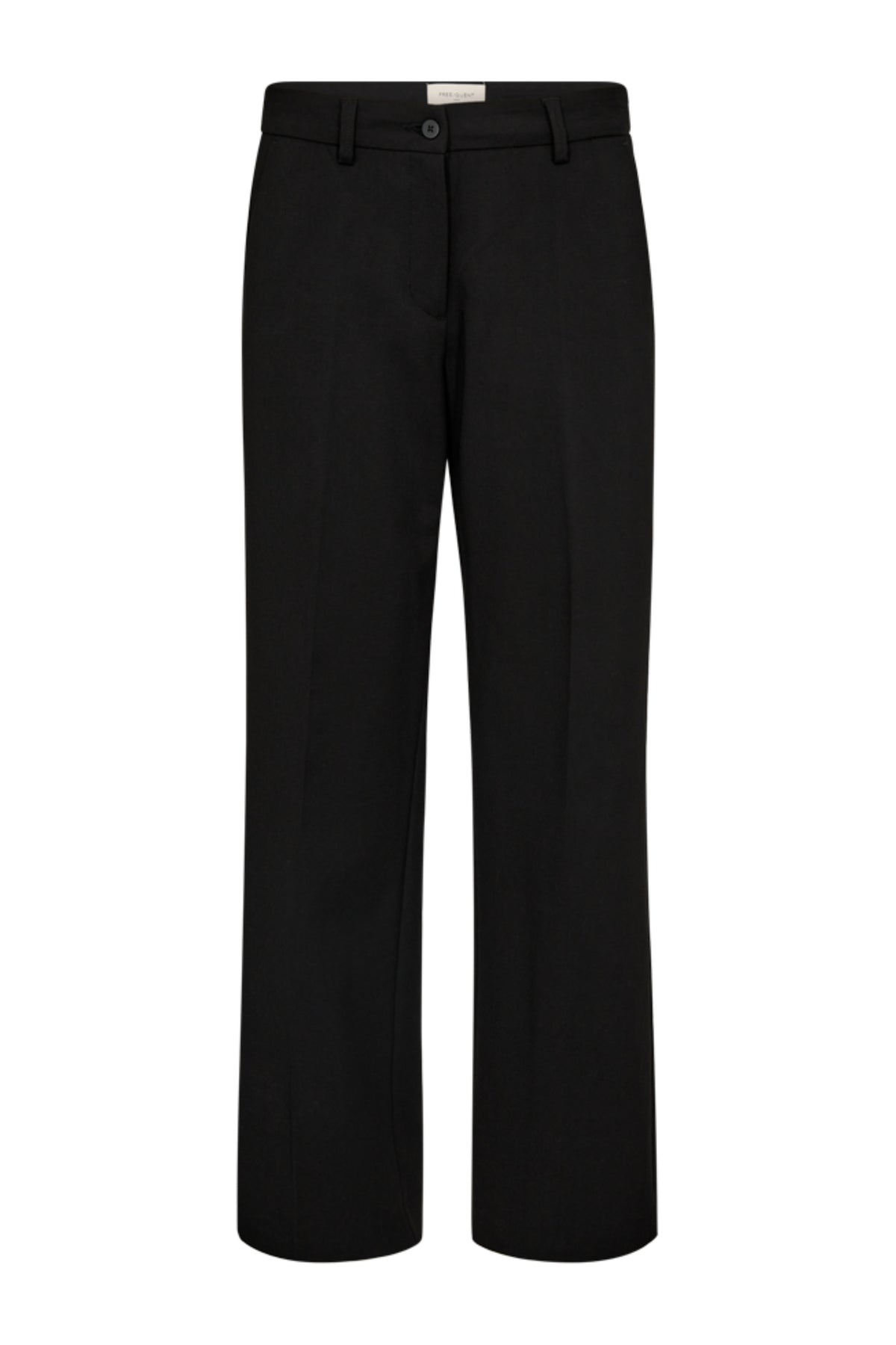 Zwarte Freequent Fqisadora broek met rechte pasvorm en elastische taille, zichtbaar op de foto.