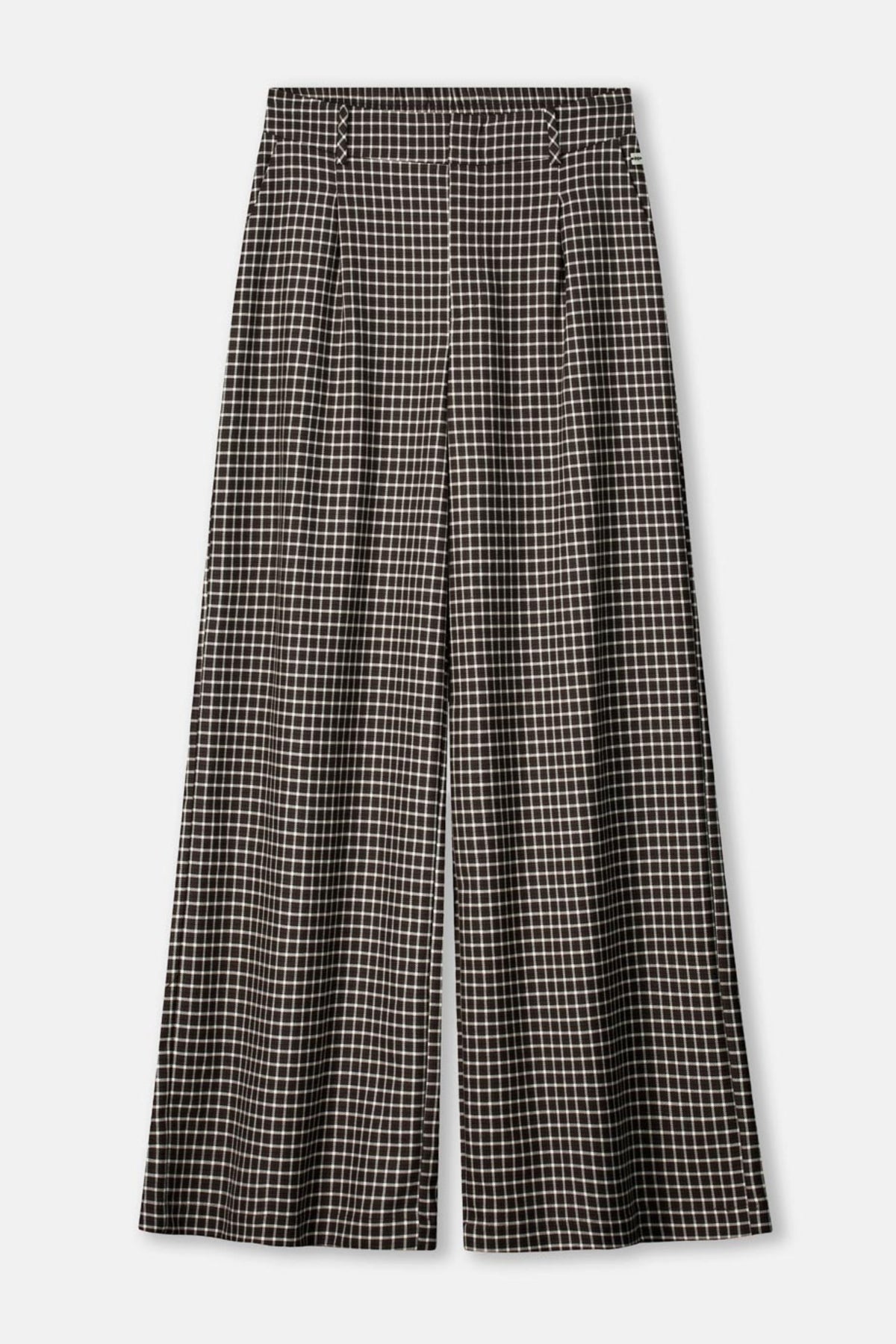 POM Amsterdam Charlie Check Bruine broek met patroon en tailleband, getoond op een model.