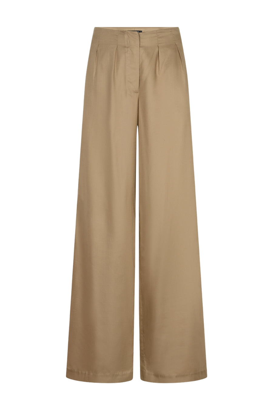 Ibana Pavira Terra beige broek met rechte snit en elastische taille, zichtbaar in de afbeelding.