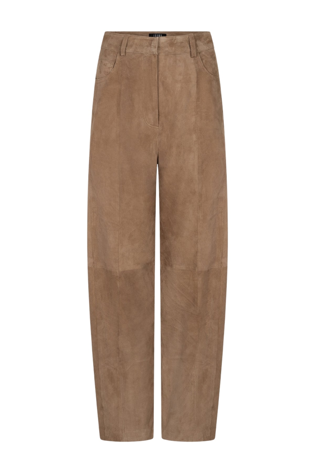 Ibana Parla Suede broek in iced coffee kleur, close-up van de zachte suède stof en pasvorm.
