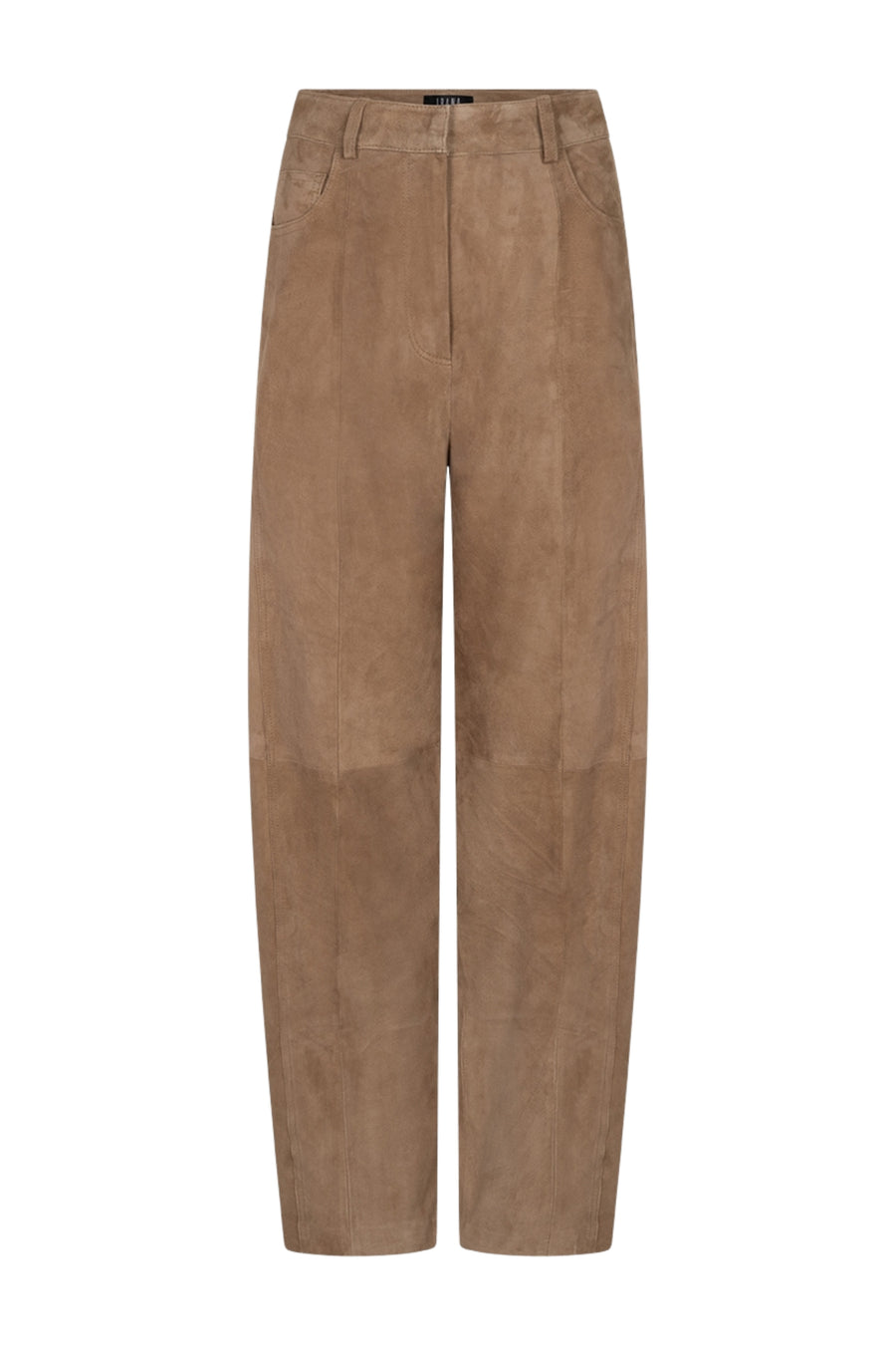 Ibana Parla Suede broek in iced coffee kleur, close-up van de zachte suède stof en pasvorm.