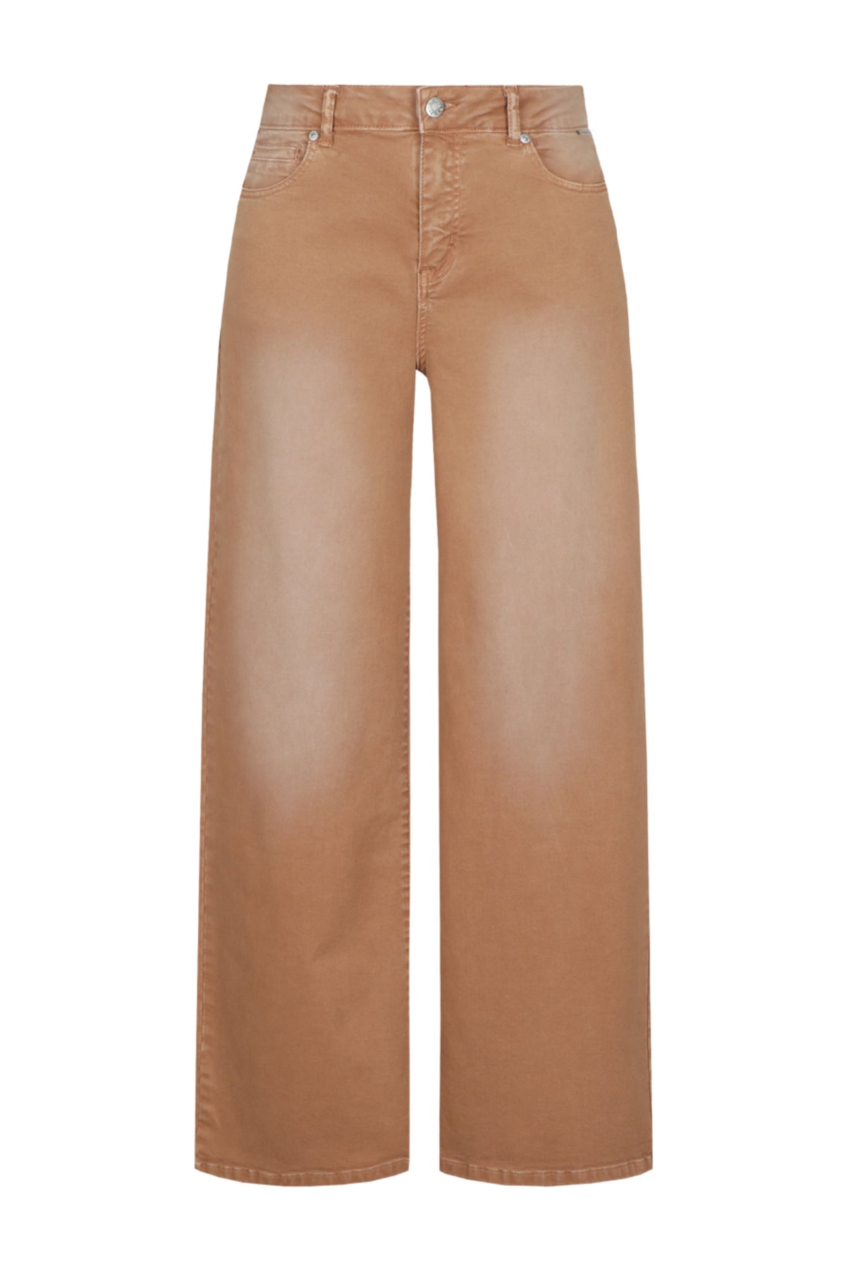 G-maxx Sunniva Brown Sugar jeans in bruin denim met rechte pasvorm en klassieke details, zichtbaar op de afbeelding.