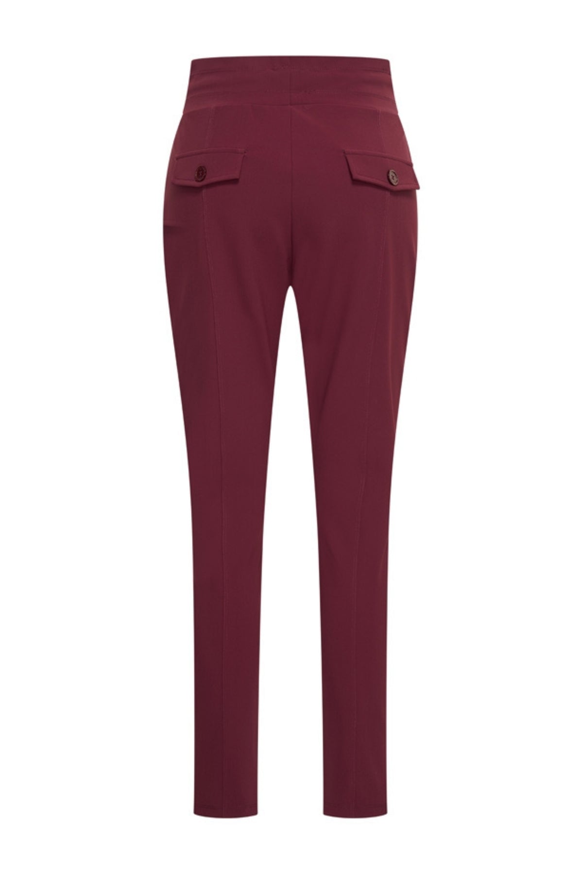 Bonded Travel broek in burgundy van Mi Piace, getoond op de afbeelding, met comfortabele pasvorm en stijlvolle uitstraling.