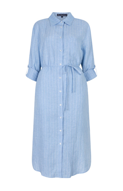Red Button Jurk Linen Visco Pinstripe Light Blue SRB4774 Stretchshop.nl