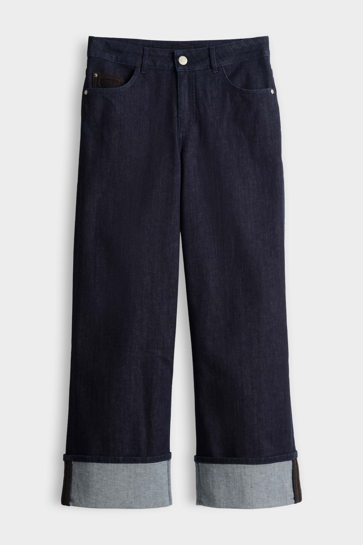 Donkere blauwe jeans van Opus Miva City Rinsed Blue, herenmodel met rechte snit en taille L28, zichtbaar in de afbeelding.