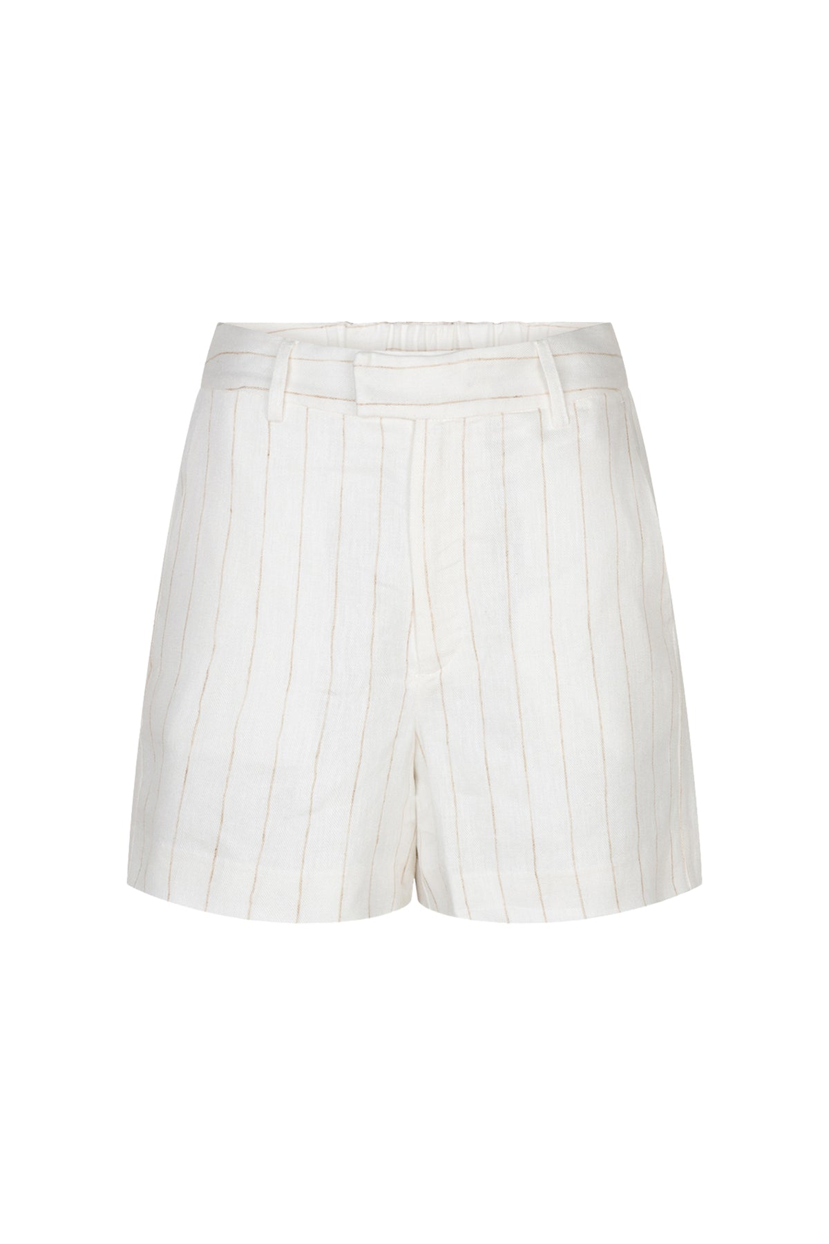 Linnen short met strepen in offwhite en zandkleur van EsQualo, lichte en ademende zomerbroek, close-up van de stof en strepen.