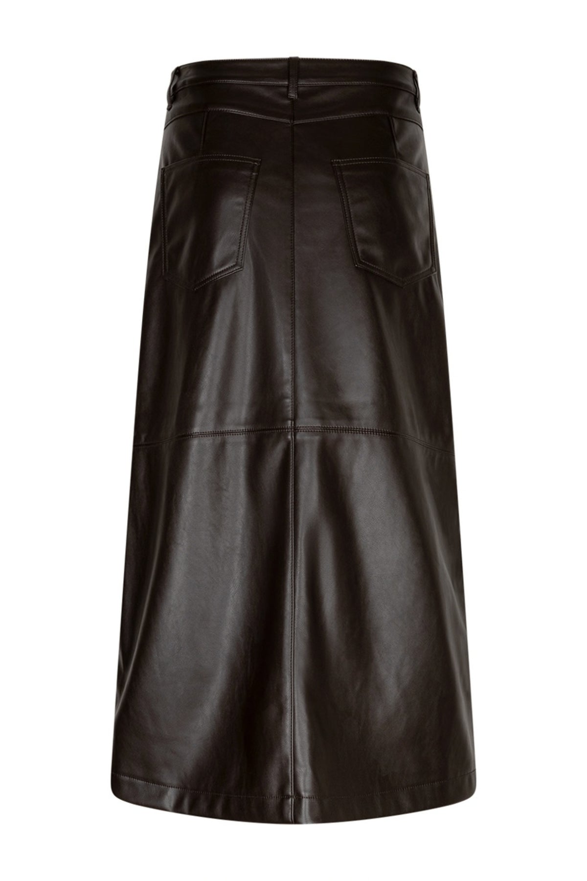 Lange zwarte rok van faux leer, model Alina, in espresso kleur door Red Button, met ritssluiting en strakke pasvorm.