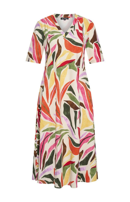 Mi Piace Travel Jurk Summer Leaf Dance Print Offwhite 202810 Stretchshop.nl