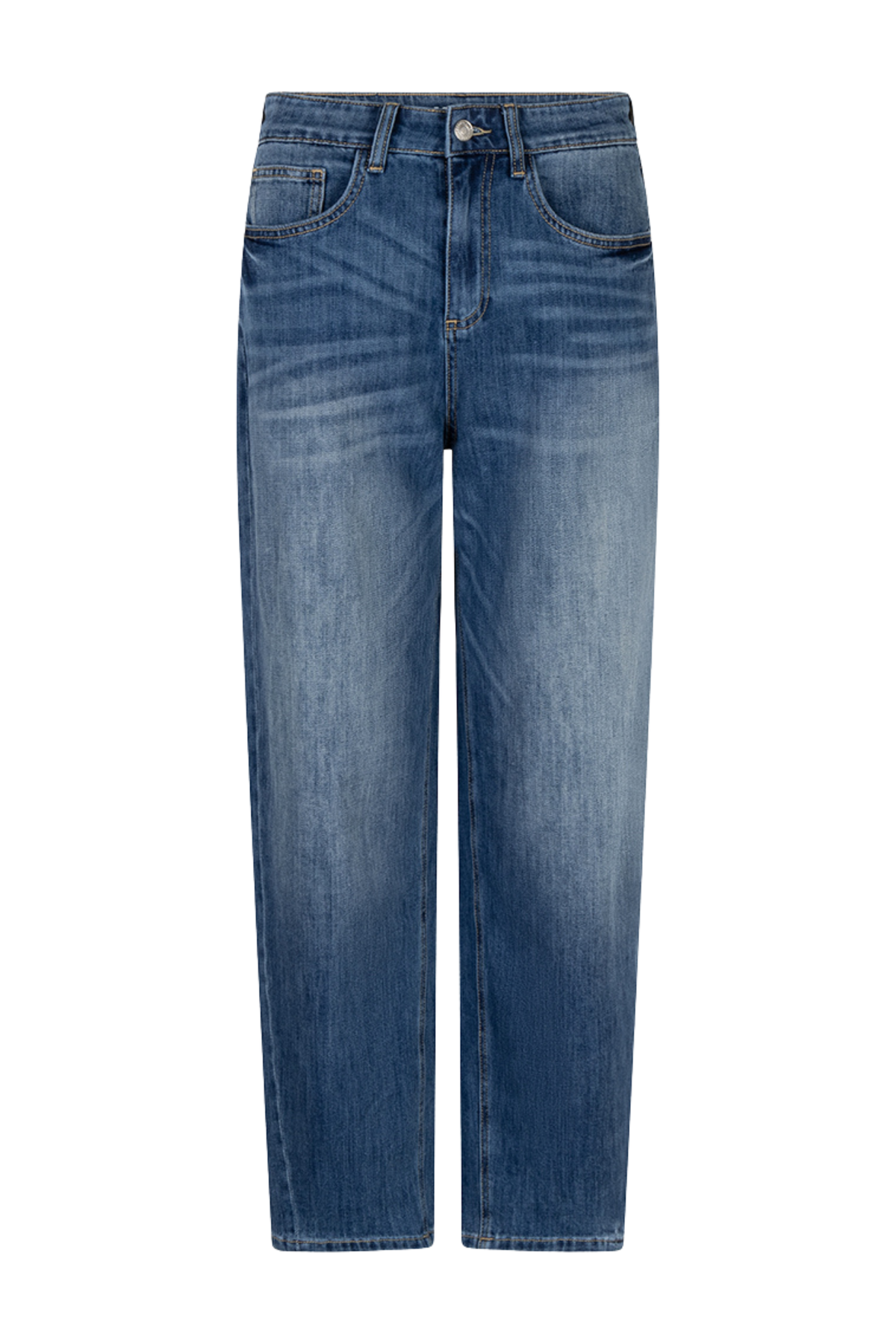 Blauwe barrel fit jeans van EsQualo met rechte snit, zichtbaar op de afbeelding, gemaakt van denim met stevige pasvorm.