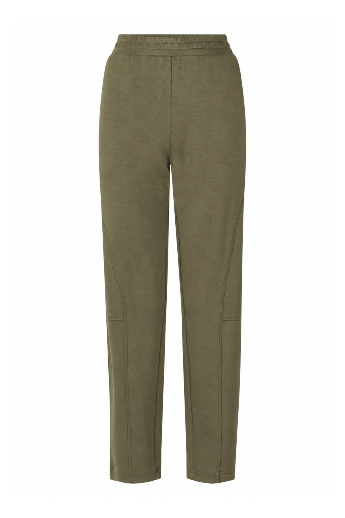 Zoso Jolie Green 265 broek in groene stof met elastische taille en rechte snit, gedragen door een model.