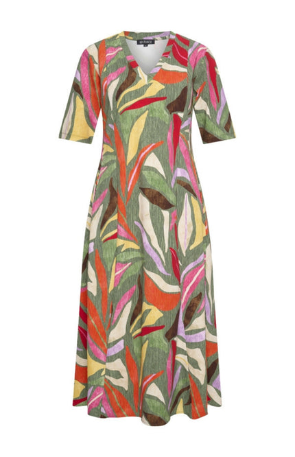 Mi Piace Travel Jurk Summer Leaf Dance Print Olive 202810 Stretchshop.nl