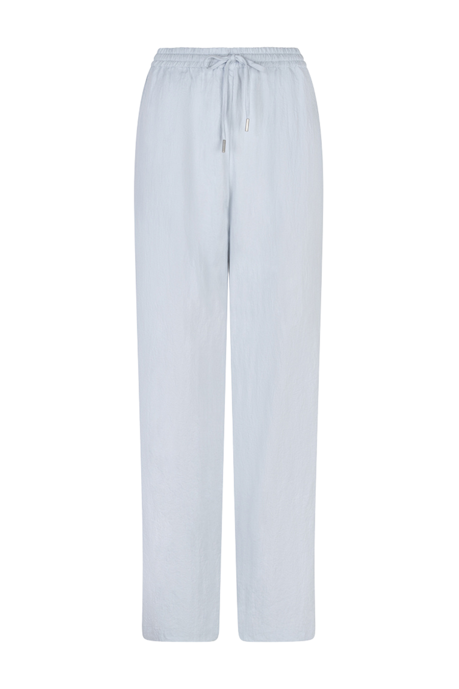 Lichte blauwe elastische broek van EsQualo met fijne crinkle-textuur, comfortabel en stijlvol voor dagelijks gebruik.