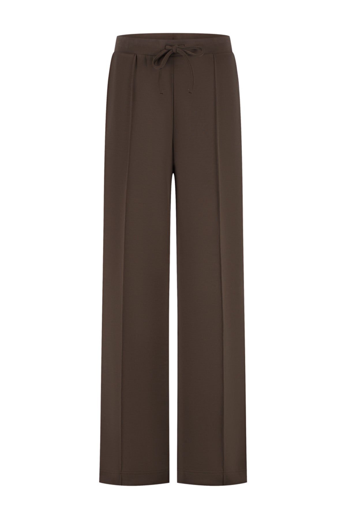 Lady Day Jovi Truffle broek in zachte stof met rechte snit en elastische tailleband, zichtbaar in de afbeelding.