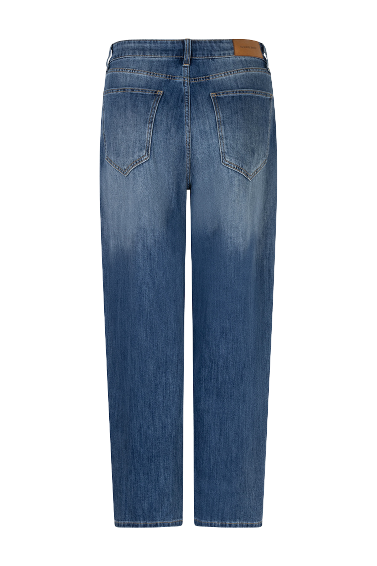 Blauwe barrel fit jeans van EsQualo met rechte snit en stijlvolle details, gelegen op een witte achtergrond.