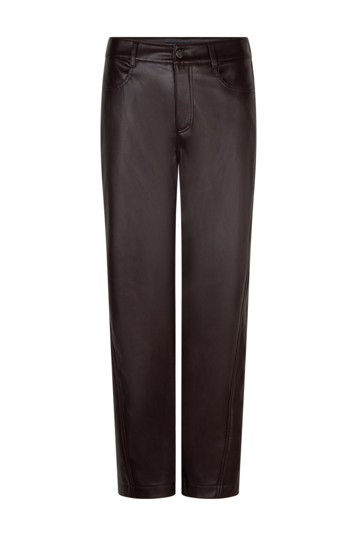 Donkere bordeaux faux leren broek Caitlina SRB5079 L28 van Red Button, close-up van de pasvorm en textuur