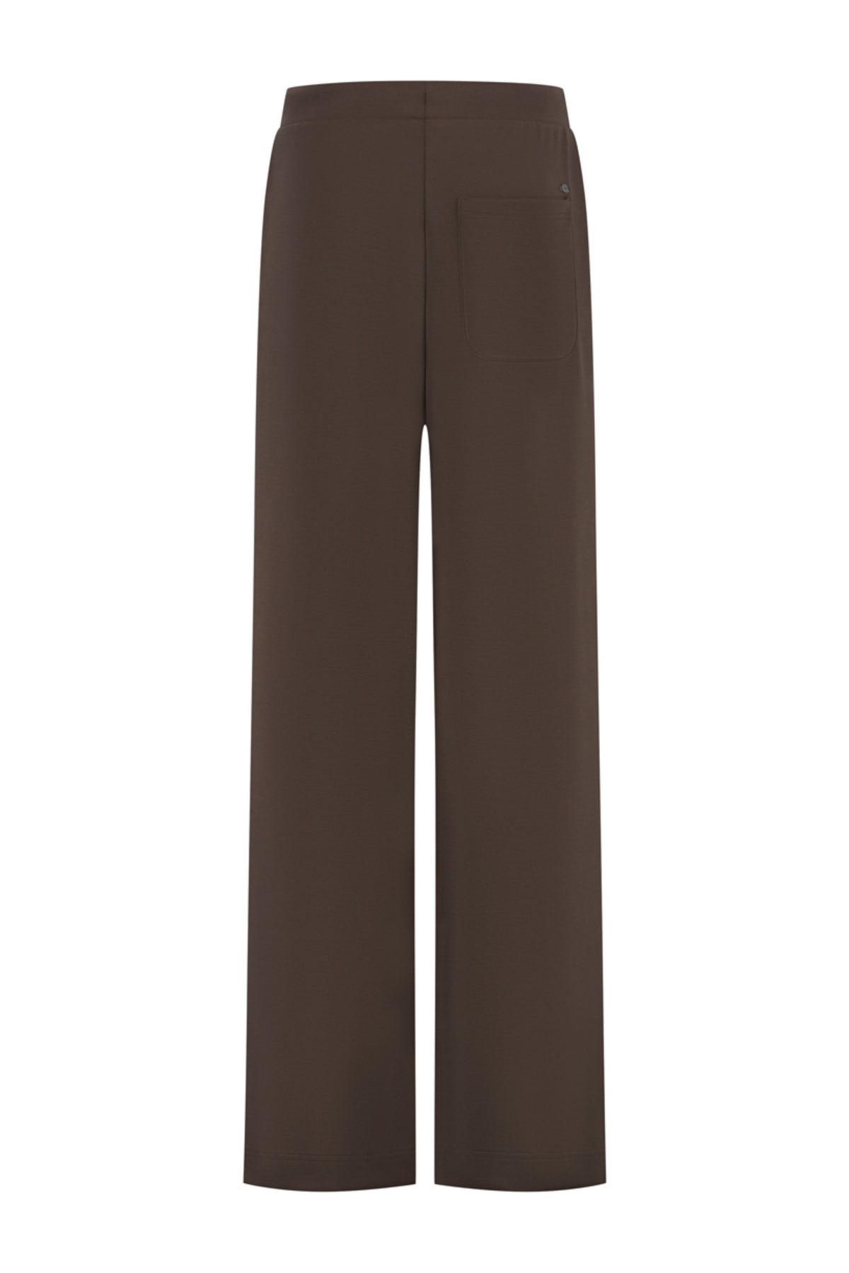 Lady Day Jovi Truffle broek met rechte snit en elastische taille, zichtbaar in de afbeelding.
