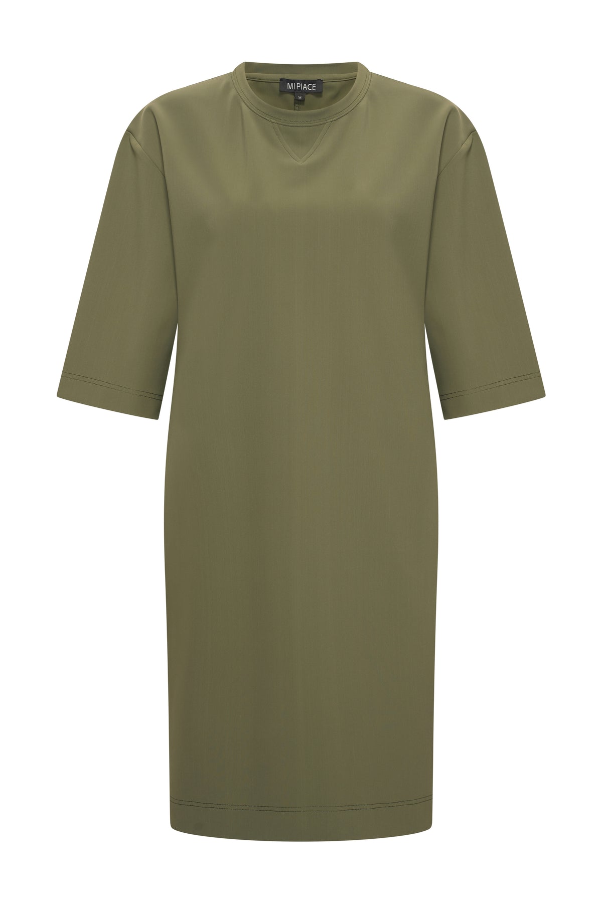 Mi Piace Bonded Travel jurk in diep decolleté met lange mouwen en elegante snit, geschikt voor speciale gelegenheden.