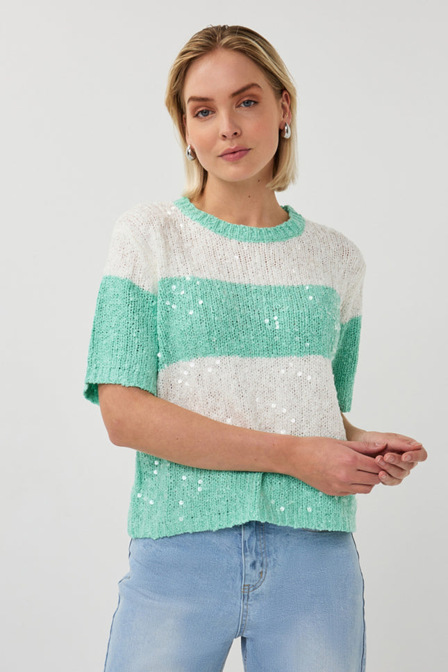 EsQualo Sweater Striped Sequins Offwhite Mint SP26.02007 Stretchshop.nl