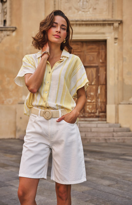 EsQualo Blouse Short Striped Linen Offwhite Lemon HS26.28216 Stretchshop.nl