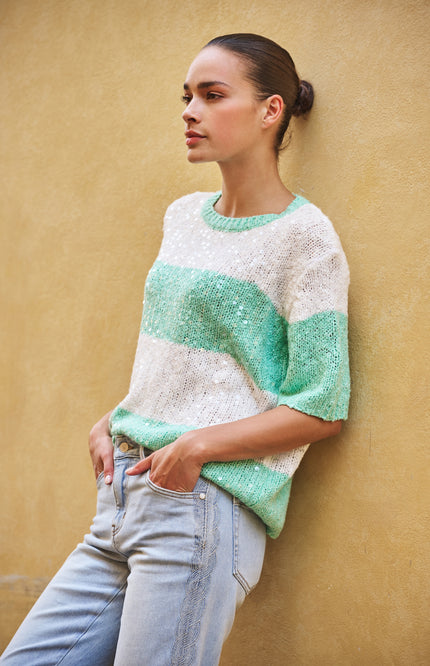 EsQualo Sweater Striped Sequins Offwhite Mint SP26.02007 Stretchshop.nl