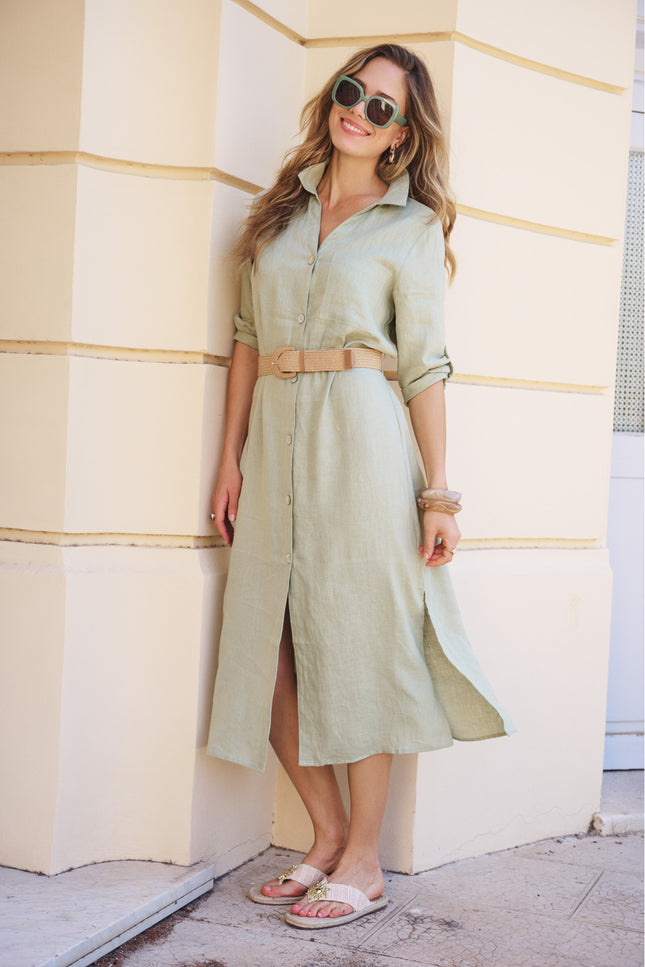 EsQualo Jurk Maxi Belt Linen Soft Green HS26.28228 Stretchshop.nl