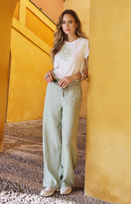 EsQualo T-shirt Palm Esq Embroidery Offwhite Green HS26.05202 Stretchshop.nl