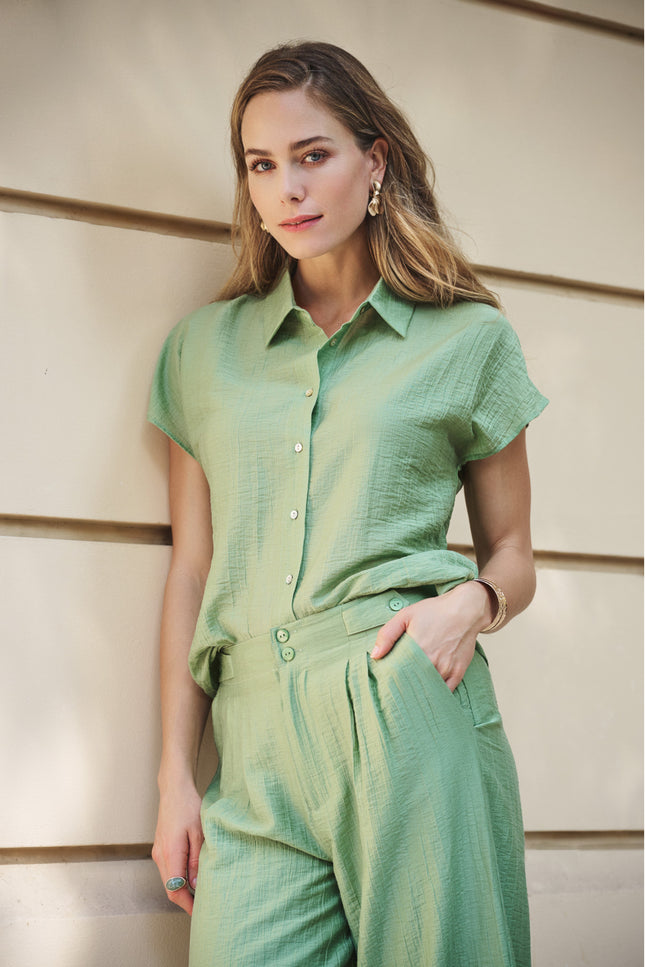 EsQualo Blouse Batwing Light Crinkle Jungle Green HS26.14218 Stretchshop.nl