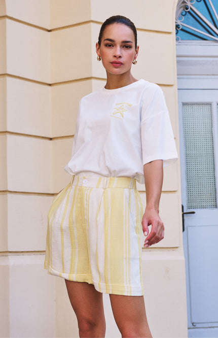 EsQualo Short Striped Linen Offwhite Lemon HS26.28218 Stretchshop.nl