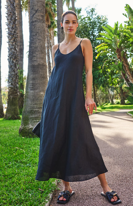 EsQualo Jurk Maxi Singlet Linen Black HS26.28256 Stretchshop.nl
