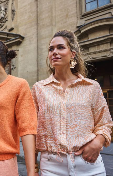 EsQualo Blouse Elastic Bottom Waves Print SP26.10020 Stretchshop.nl