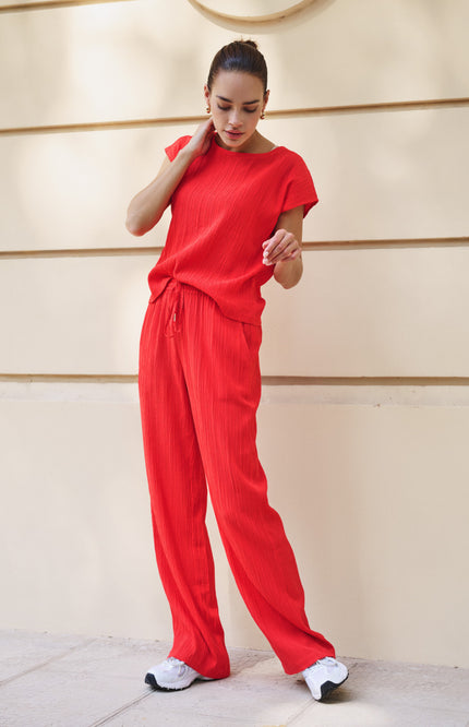 EsQualo Broek Fancy Crinkle Red HS26.10235 Stretchshop.nl