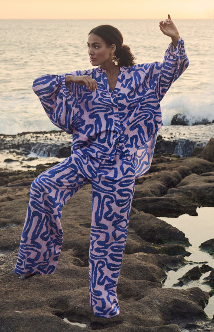 POM Amsterdam Broek Waves Pink Linen Multi Colour SP9563 Stretchshop.nl