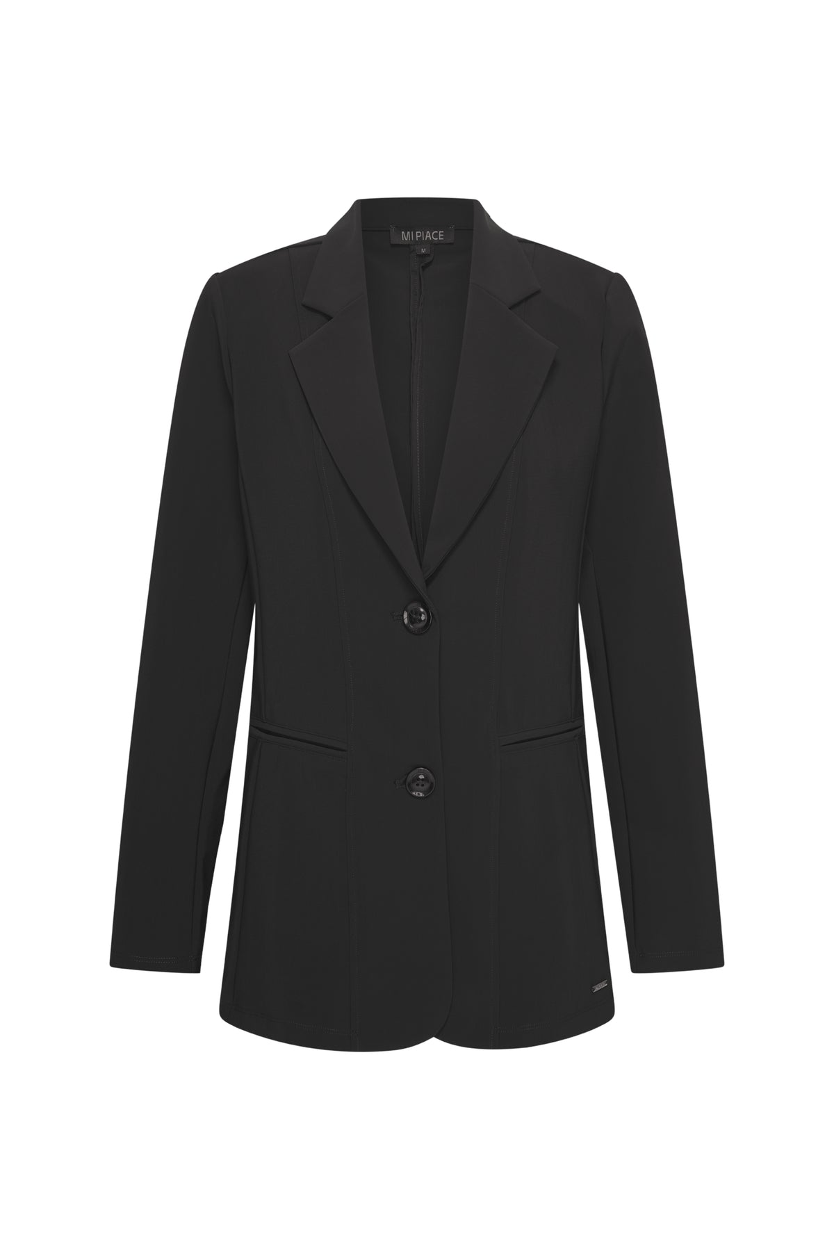 Zwart bonded travel blazer van Mi Piace, zicht van vooraan met knopen en stijlvolle snit, geschikt voor zakelijk en casual gebruik.