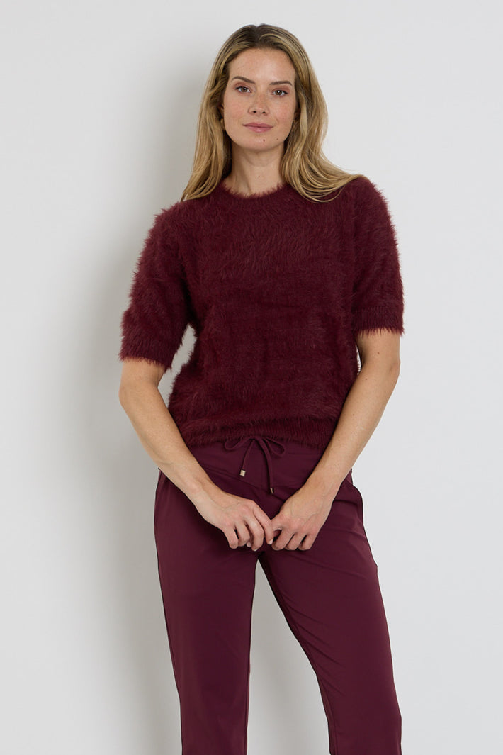Zoso Judith Bordeaux trui met ronde hals en lange mouwen, comfortabel en warm, in bordeaux kleur, zichtbaar in de afbeelding.
