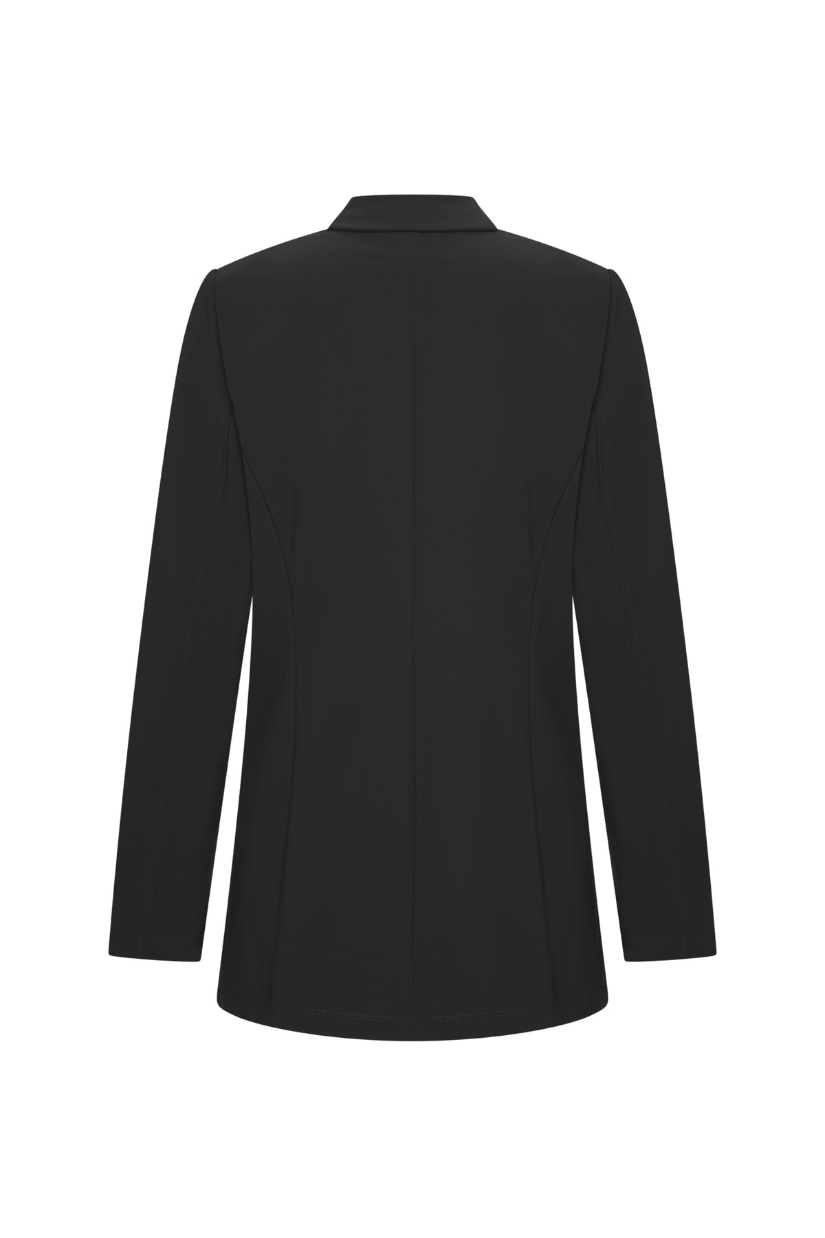 Zwarte Bonded Travel Blazer van Mi Piace, close-up van de stof en details, geschikt voor reis- en zakelijke gelegenheden.
