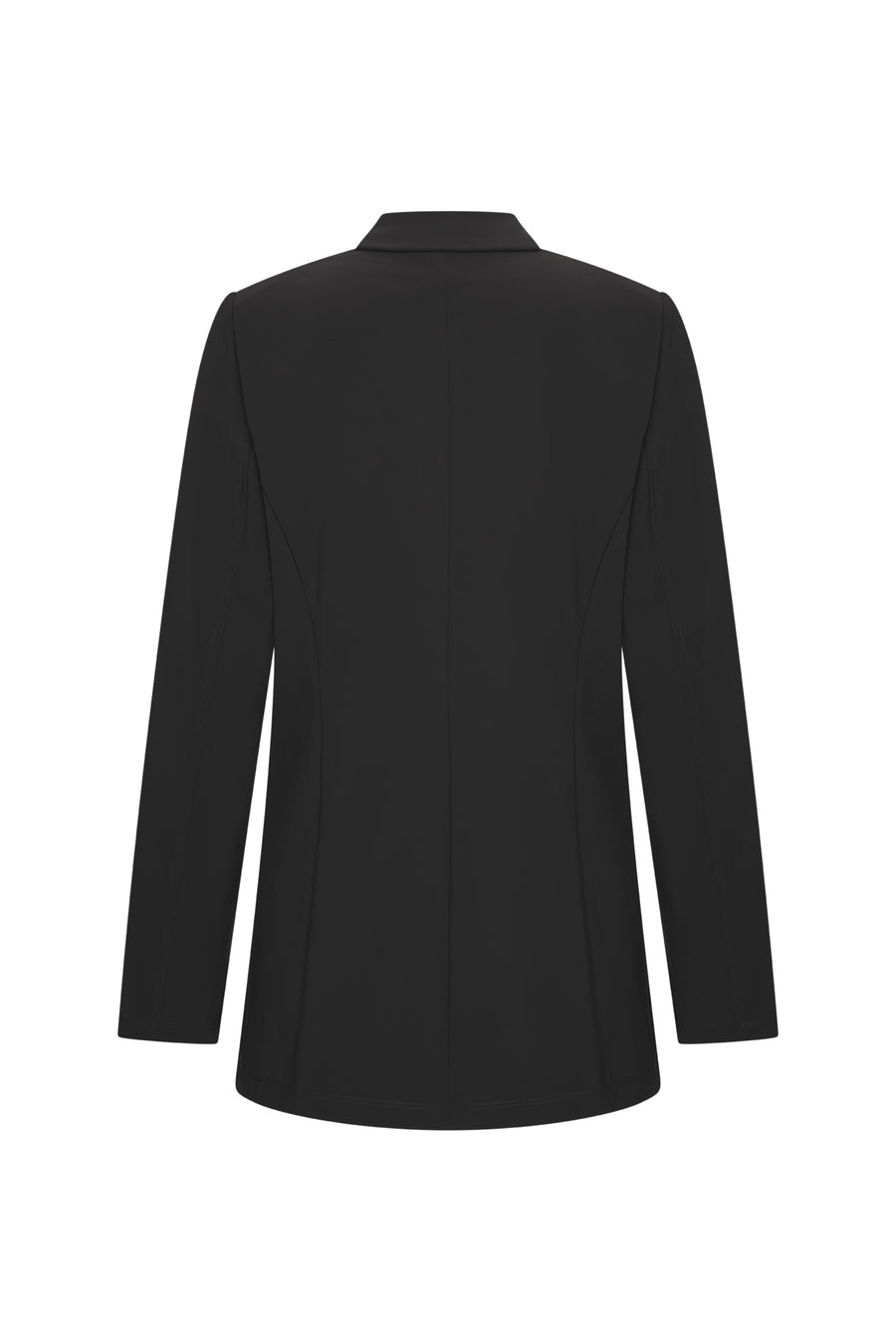 Zwarte Bonded Travel Blazer van Mi Piace, close-up van de stof en details, geschikt voor reis- en zakelijke gelegenheden.