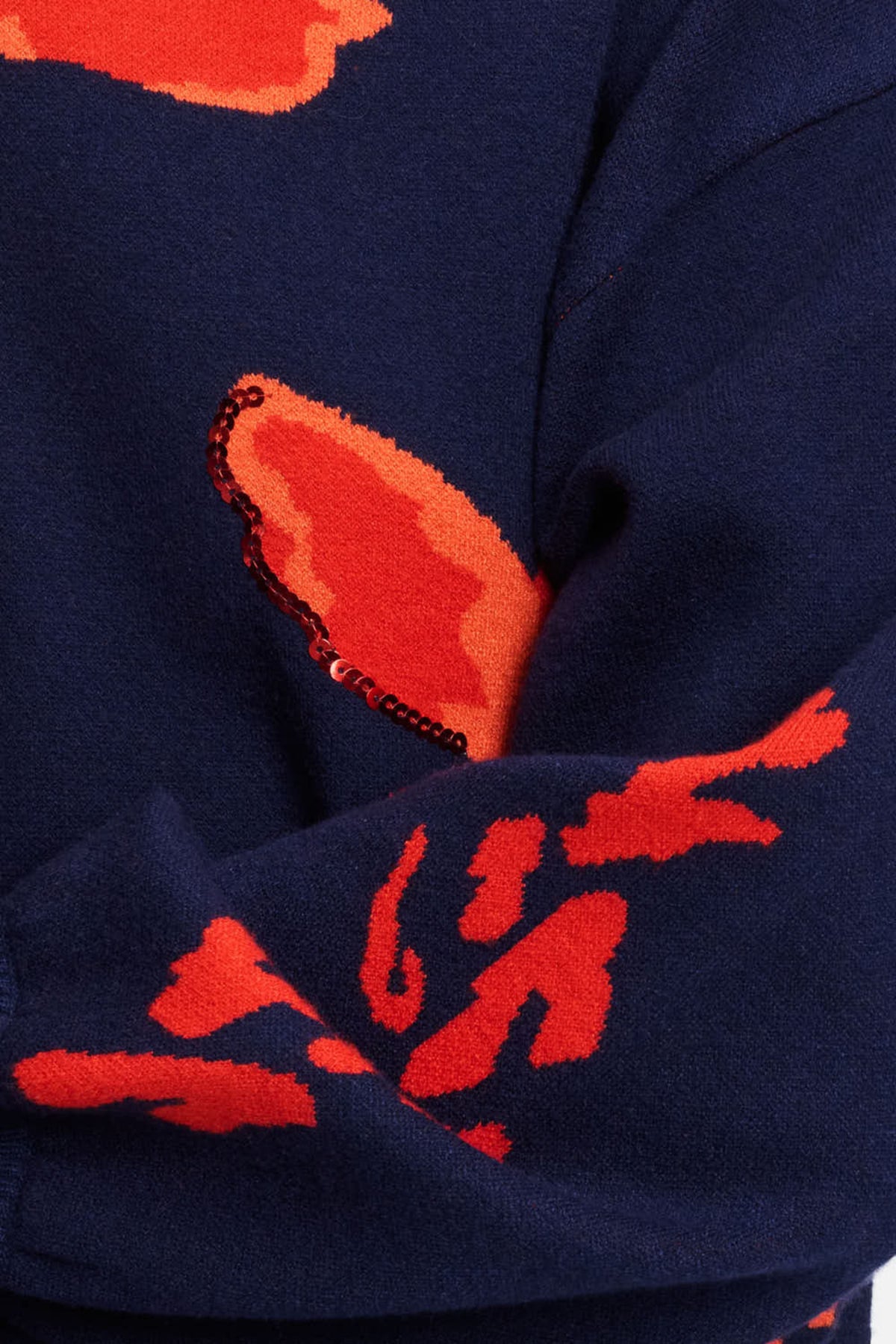 POM Amsterdam Alicia Bloom Rouge trui met ronde hals en gebreid patroon, gedragen door een model op een neutrale achtergrond
