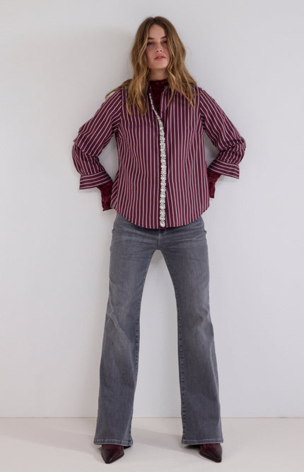 Blouse Striped Strass Placket Pomegranate C51-21-302
