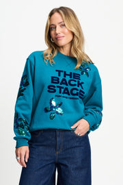 Groene sweater Sascha The Backstage van POM Amsterdam, dicht bij het lichaam, met ronde hals en lange mouwen.